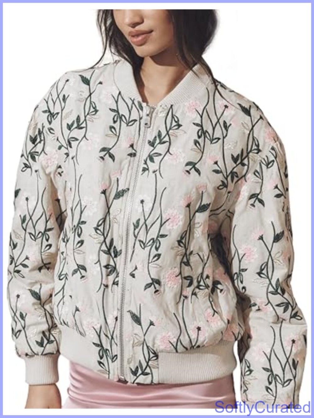 Embroidered Daisy Cropped Bomber Jacket Quilted Puffer Long Sleeve Padded Coat